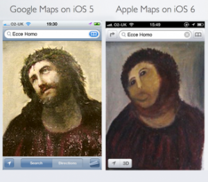 GoogleMaps on iOS5 compared to AppleMaps on iOS6 like the fresco in Spain appallingly restored by an amateur